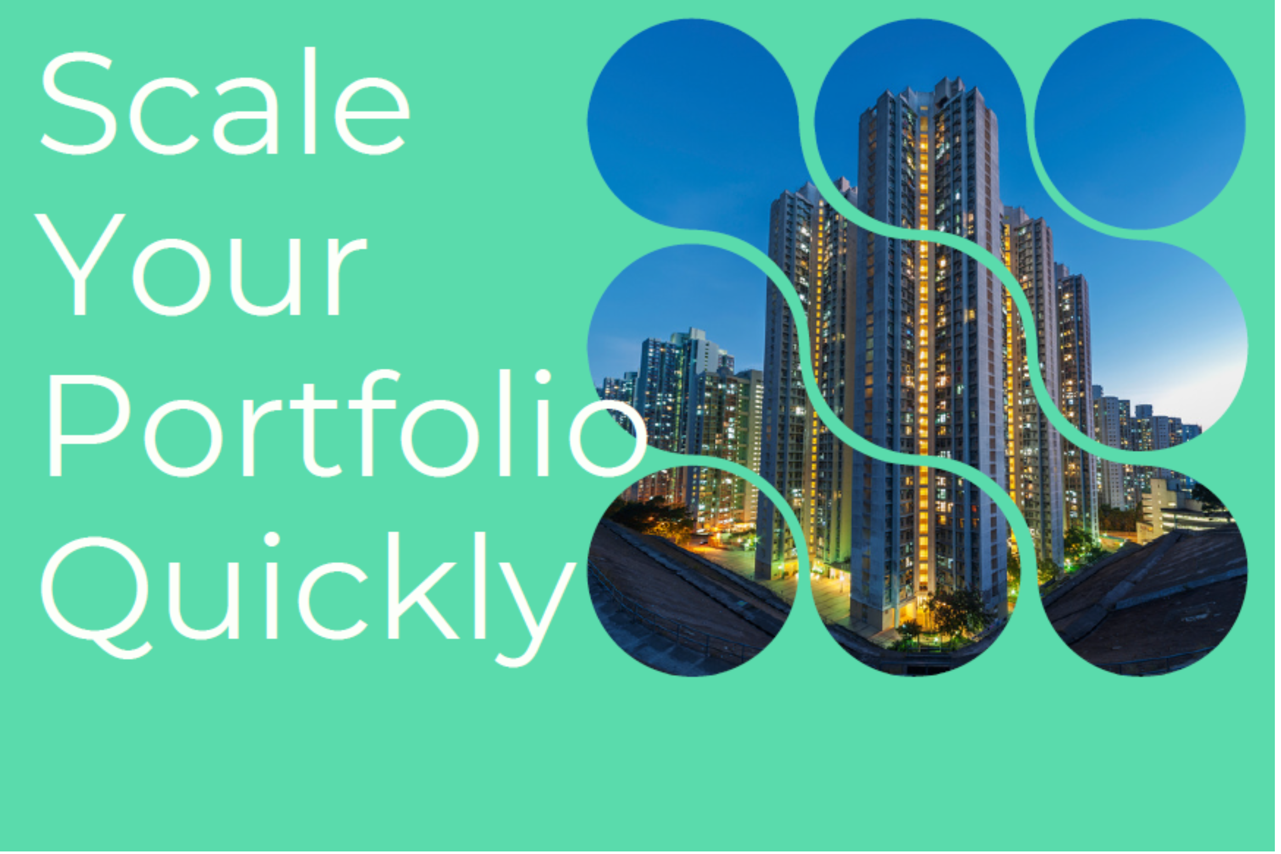 Green background with the text "Scale Your Portfolio Quickly" beside stylized images of tall buildings at dusk, capturing the essence of Hamilton Company's innovative approach to property management.