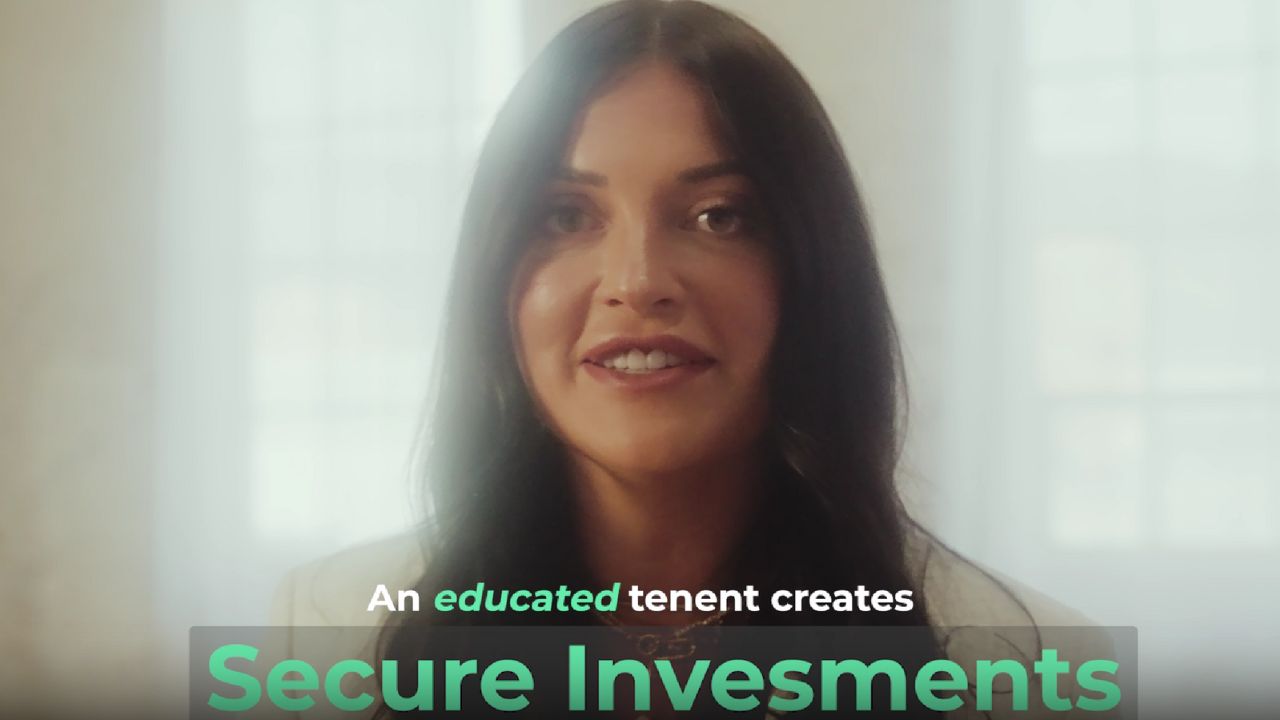 A woman with long dark hair speaks. Text reads, "An educated tenant creates secure investments with Hamilton Property Management Company.