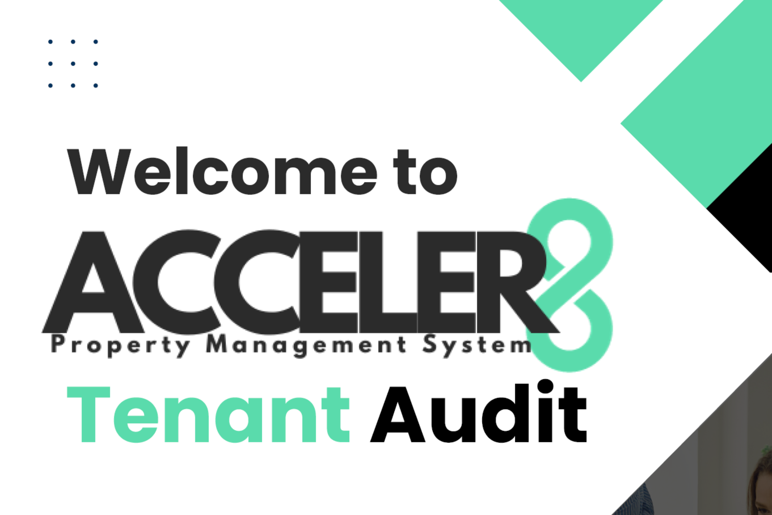 Text on image: "Welcome to Accel8 Property Management System Tenant Audit." Bold design with geometric accents inspired by top property management services in Hamilton.