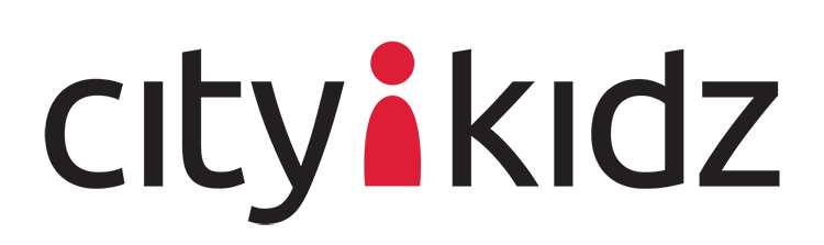 Logo with the text "city kidz" in black, featuring a red figure in place of the "i" dot.