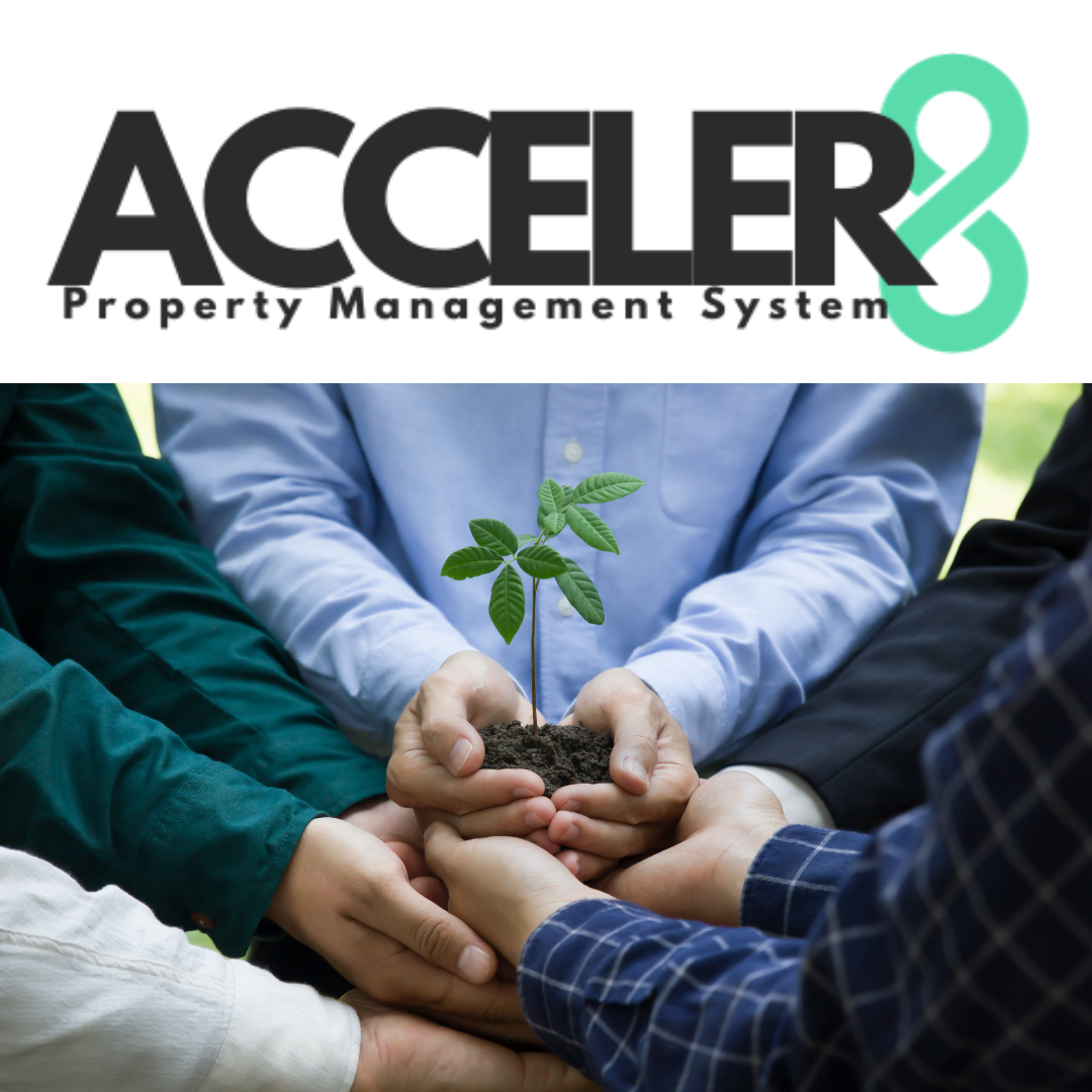 Several people hold a small plant together in their hands, symbolizing growth and partnership. Above them, the text reads "ACCELER8 Property Management System," highlighting how Hamilton companies and tenants can thrive together.