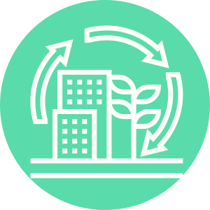 A white line drawing on a teal background shows a recycling symbol surrounding buildings, trees, and water, representing sustainable urban ecology—a vision that aligns seamlessly with property management values in Hamilton.