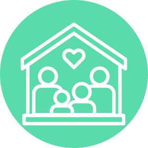 Icon of a family under a roof with a heart, symbolizing home and love, on a green circular background. Perfect for property management companies in Hamilton seeking to convey warmth and care.