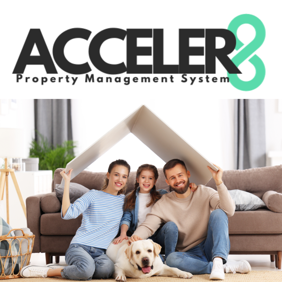 A family with a dog sits on the floor under a makeshift paper roof in their living room, embodying the peace of mind that ACCELER8 Property Management System brings to landlords.