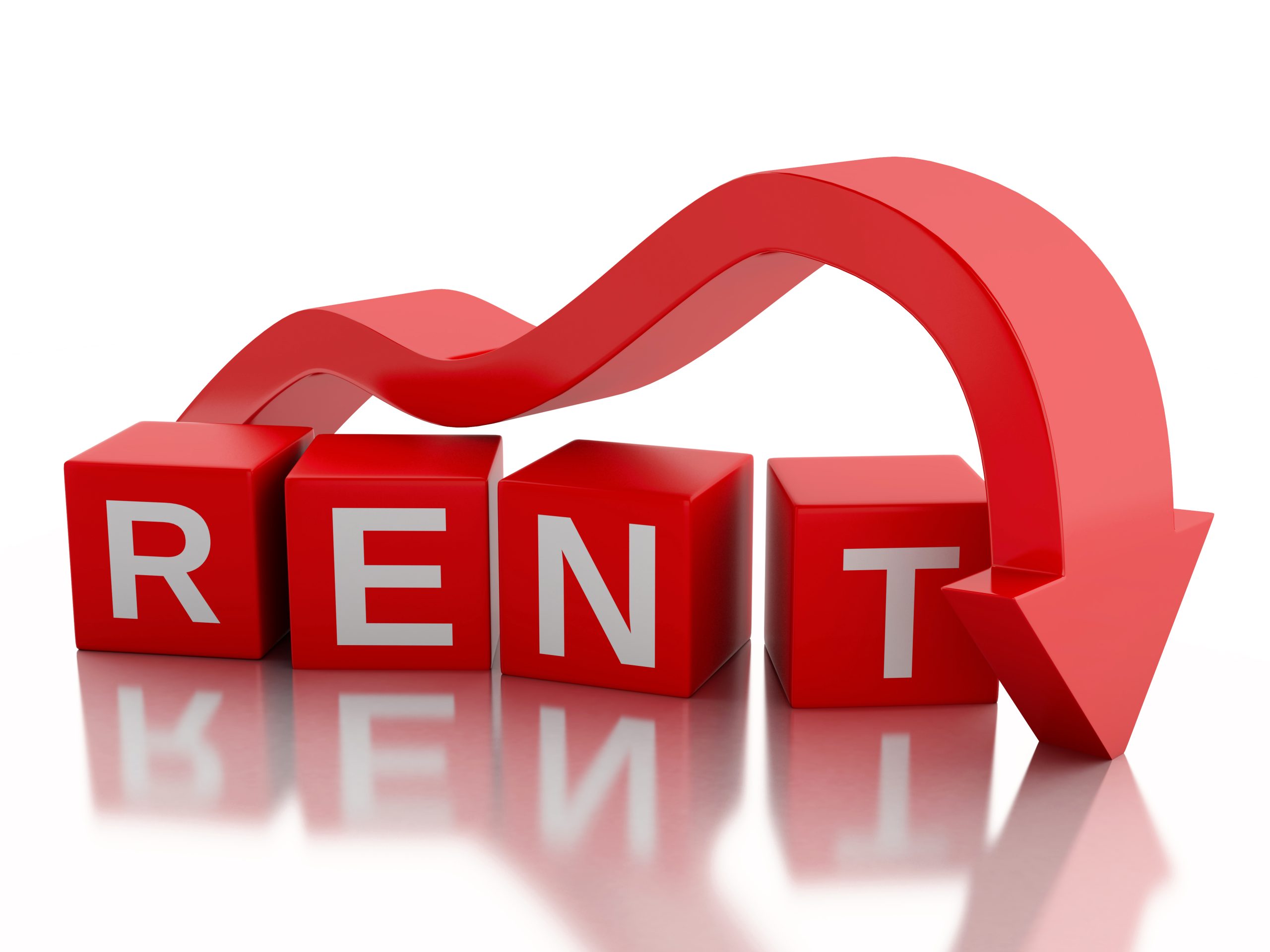 The image shows red blocks spelling "RENT" with a downward red arrow, symbolizing a decrease in the rental market.