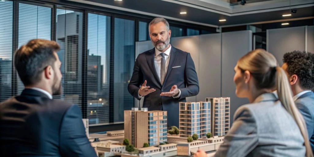 A man in a suit presents architectural models to three colleagues from property management companies in a modern office setting with large windows.