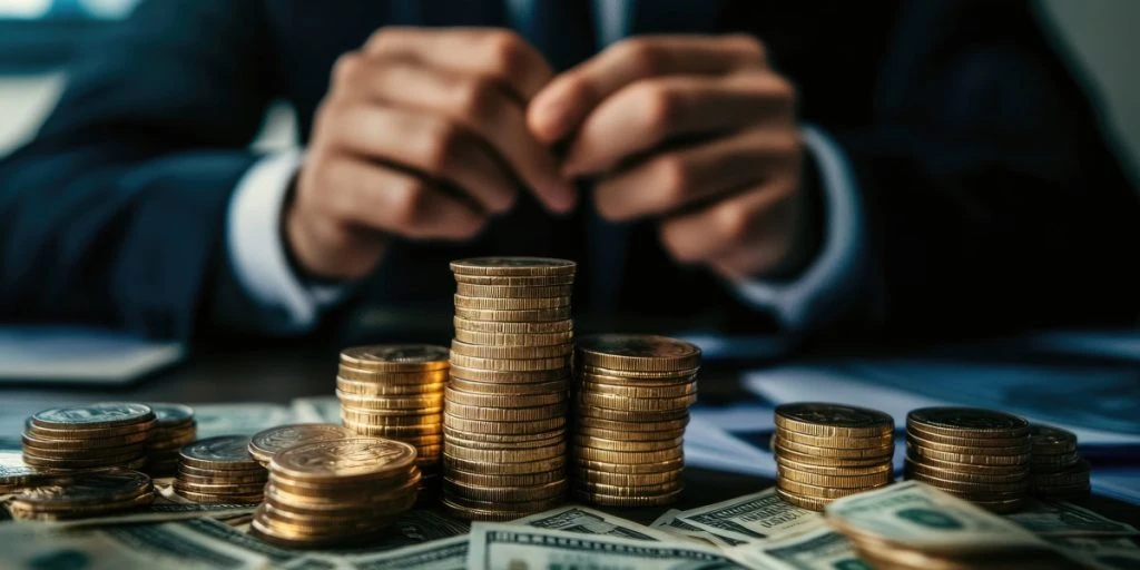 A person in a suit, reminiscent of Hamilton Rentals professionals, methodically stacks coins on a table surrounded by scattered paper currency.