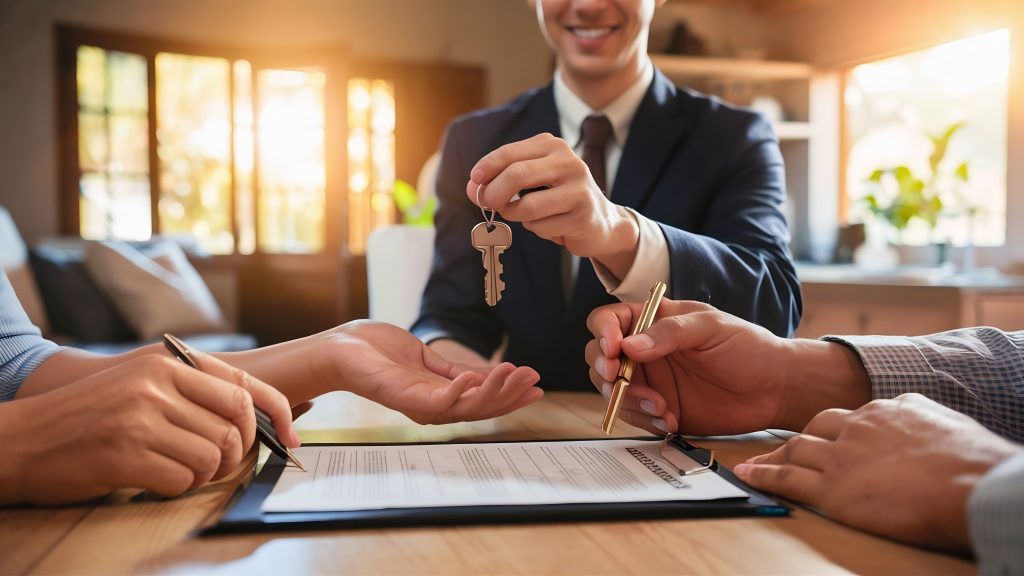 sales agents landlords give house keys customer customer signs mortgage loan