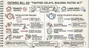 Infographic summarizing Ontario Bill 60, showing new eviction and dispute timelines for tenants and landlords under Bill 60, highlighting faster processes and changes to compensation, notice, and security.
