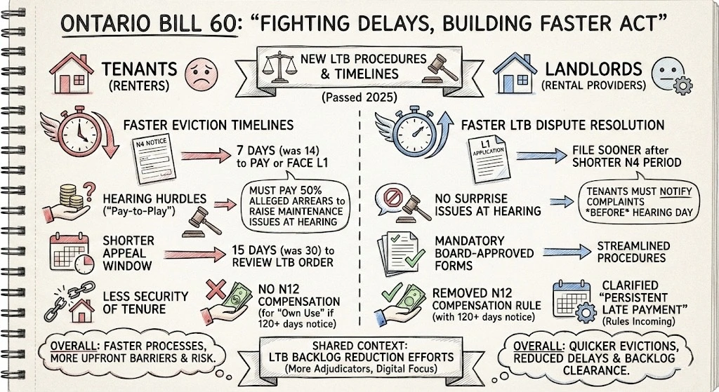 Infographic summarizing Ontario Bill 60, showing new eviction and dispute timelines for tenants and landlords under Bill 60, highlighting faster processes and changes to compensation, notice, and security.