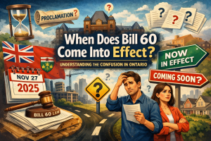 An illustrated collage highlighting confusion about when Bill 60 comes into effect in Ontario, featuring dates, question marks, legal symbols, and people looking puzzled.