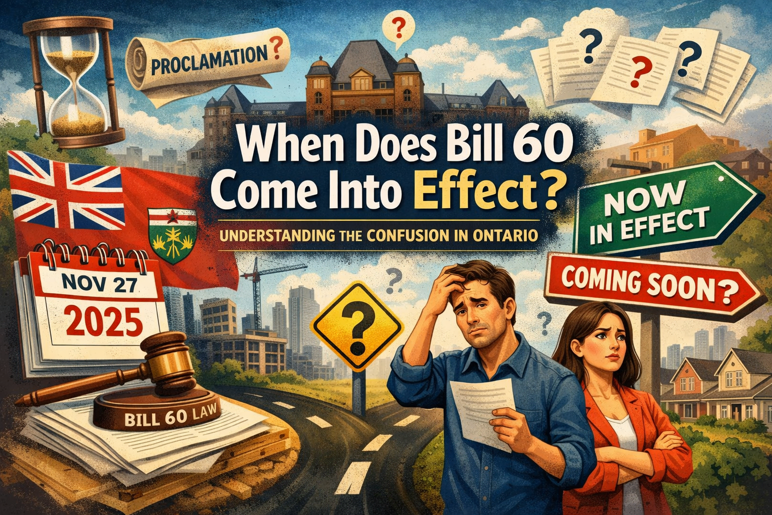 An illustrated collage highlighting confusion about when Bill 60 comes into effect in Ontario, featuring dates, question marks, legal symbols, and people looking puzzled.