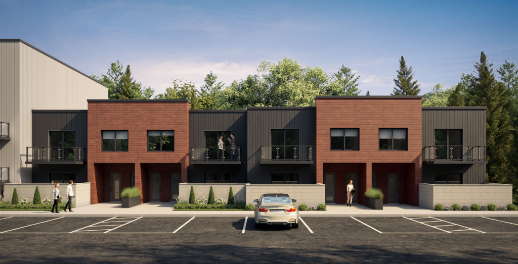 A row of modern townhouses with brick and dark siding, balconies on the upper floor, and a parking lot with a single parked car; several people walking nearby highlight the appeal of Home Watch Services for residents.