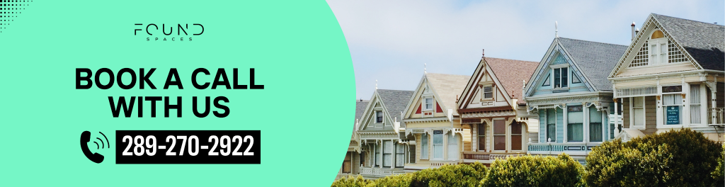 A row of Victorian-style houses with a green banner overlay showing "Book a call with us," a phone number, and the Found Spaces logo—perfect for guidance on Ontario LTB Forms.