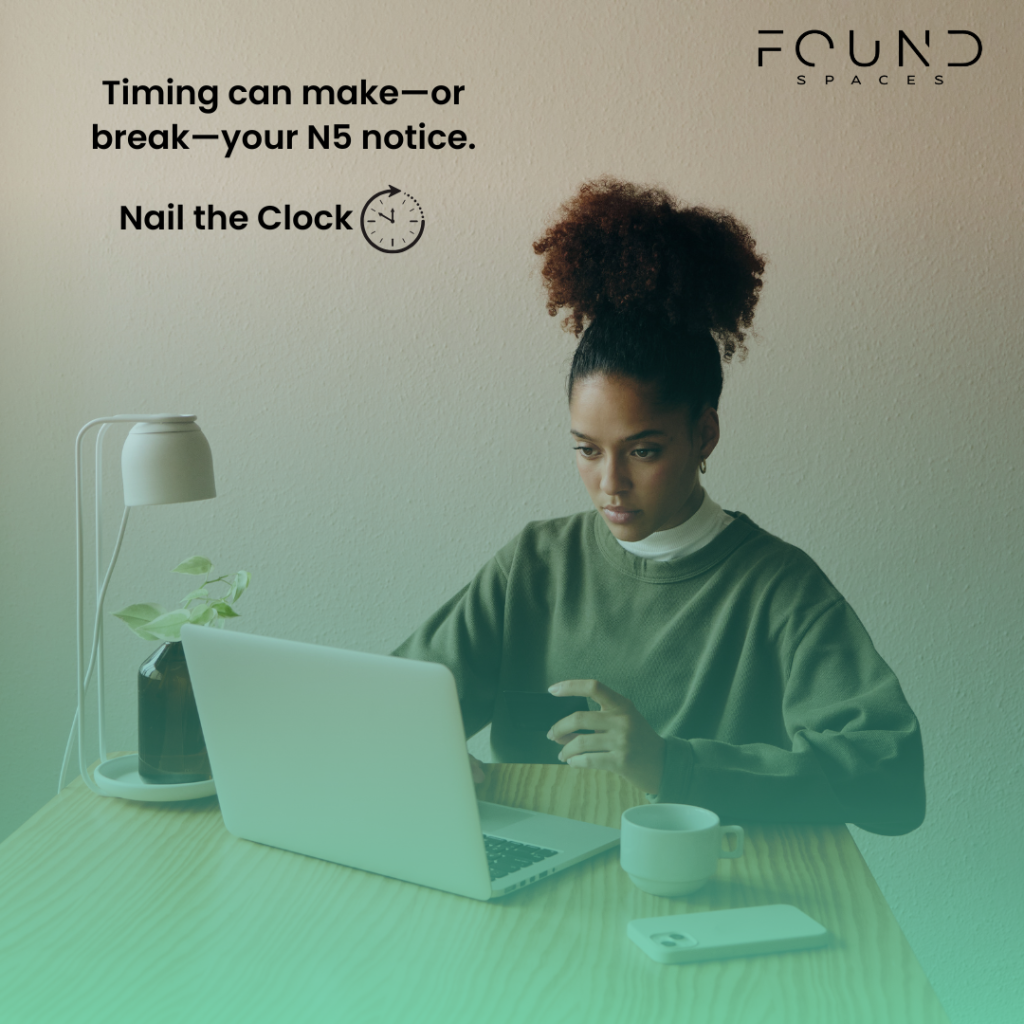 A woman sits at a desk with a laptop and cup, under text about timing for N5 notices and Ontario LTB Forms. Found Spaces logo is visible in the top right corner.