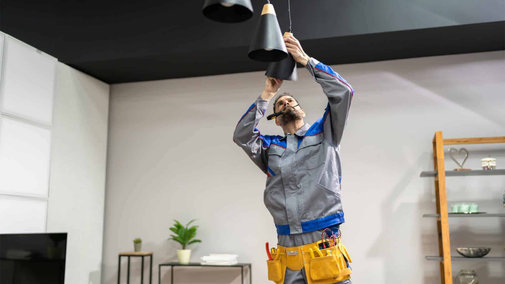 An electrician wearing a uniform and tool belt installs or repairs a ceiling light fixture as part of property maintenance in Hamilton, working efficiently in a modern, well-lit room.