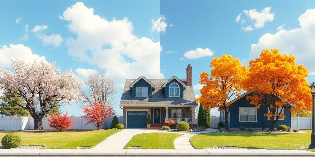 A suburban house with a split view: the left side shows spring with blooming trees, while the right side highlights autumn’s orange foliage—perfectly showcasing year-round Property Maintenance in Hamilton.