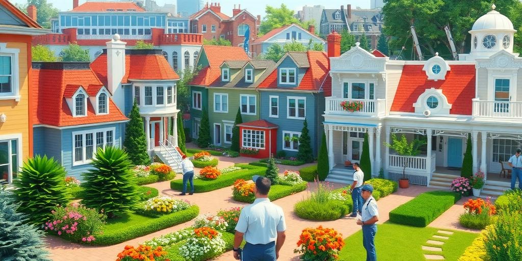 A tidy residential neighborhood with colorful houses, manicured lawns, flower beds, and several people standing on walkways on a sunny day—showcasing excellent property maintenance in Hamilton.