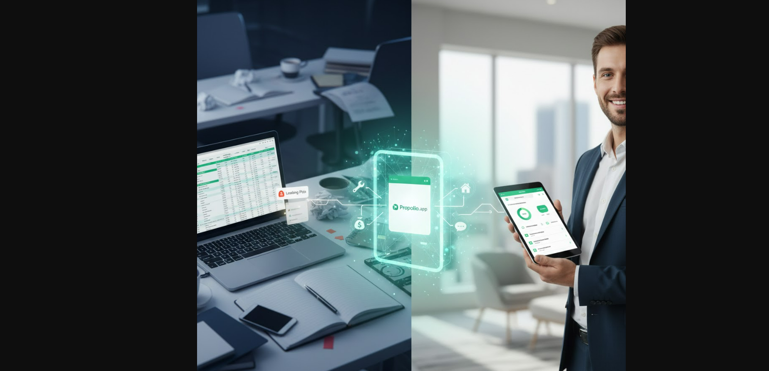 A split image showing a laptop with spreadsheets on a desk and a person holding a tablet displaying financial data, illustrating digital financial management.