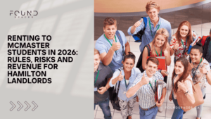 A group of smiling young adults with backpacks give thumbs up in a modern indoor setting; text discusses renting to McMaster students in 2026 for Hamilton landlords.