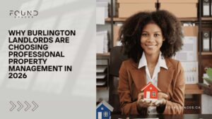 A woman in business attire sits at a desk holding a small model house, with the text “Why Burlington landlords are choosing professional property management in 2026” beside her.