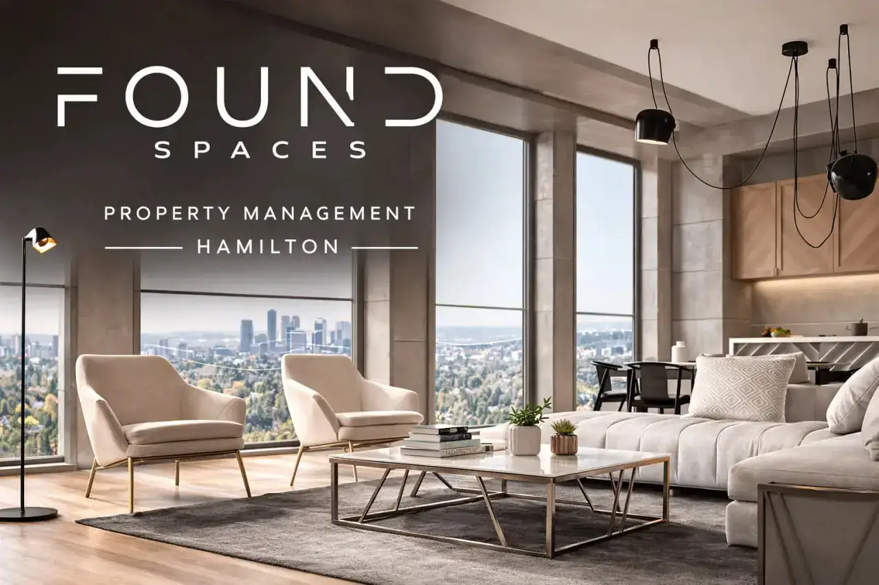 A modern living room with large windows, neutral furniture, city skyline view, and text: "Found Spaces Property Management Hamilton.