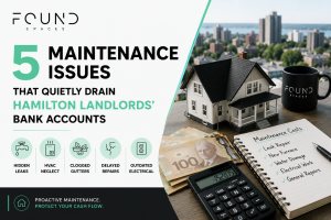 Illustration of common rental property maintenance issues that increase costs for Hamilton landlords, including hidden leaks, HVAC problems, clogged gutters, delayed repairs, and outdated electrical systems.