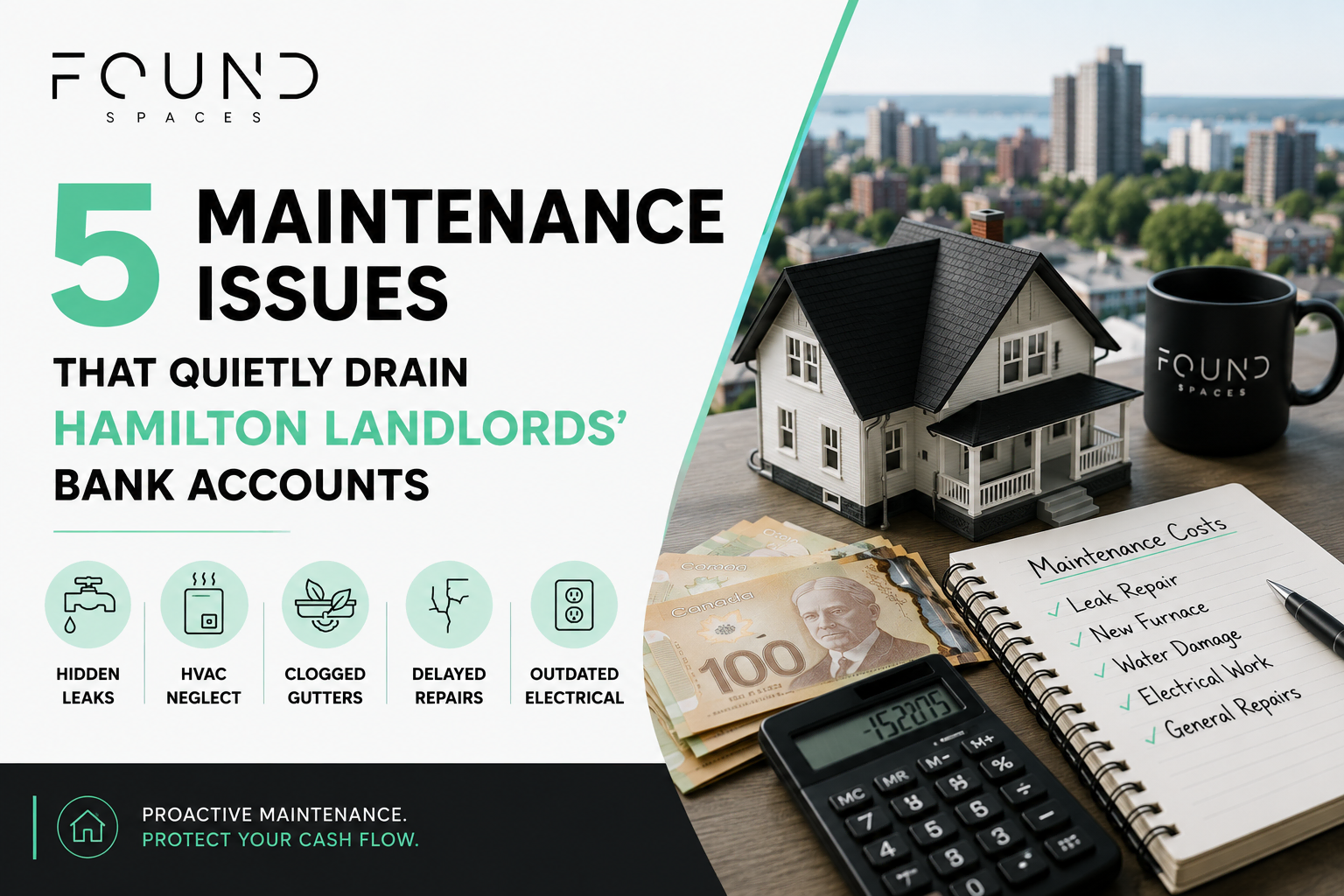 Illustration of common rental property maintenance issues that increase costs for Hamilton landlords, including hidden leaks, HVAC problems, clogged gutters, delayed repairs, and outdated electrical systems.