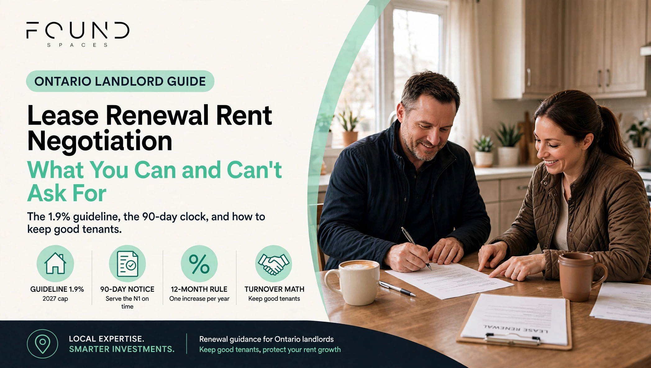Lease renewal rent negotiation in Ontario guide header, landlord and tenant signing renewal paperwork at a kitchen table